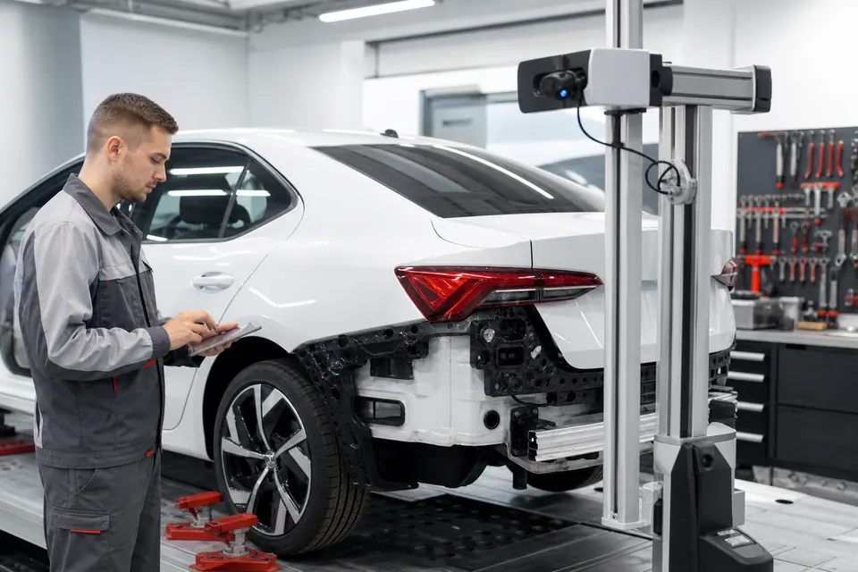 Современный гарантийный автомобиль на посту кузовной диагностики