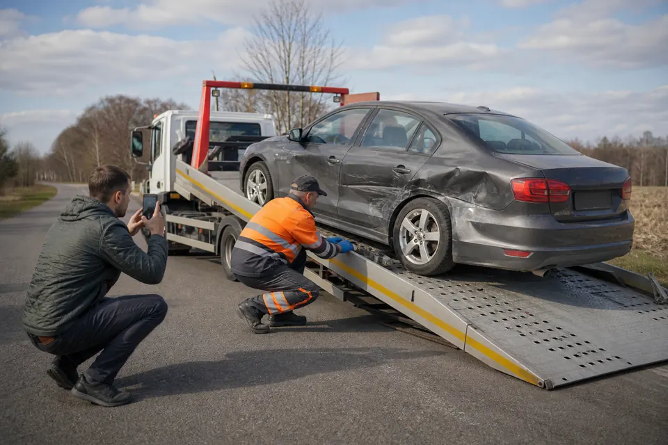 Осмотр автомобиля на эвакуаторе перед перевозкой после ДТП