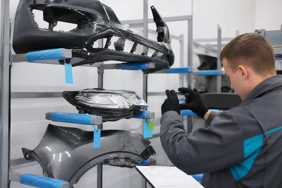 Маркированные повреждённые кузовные детали в зоне хранения СТО