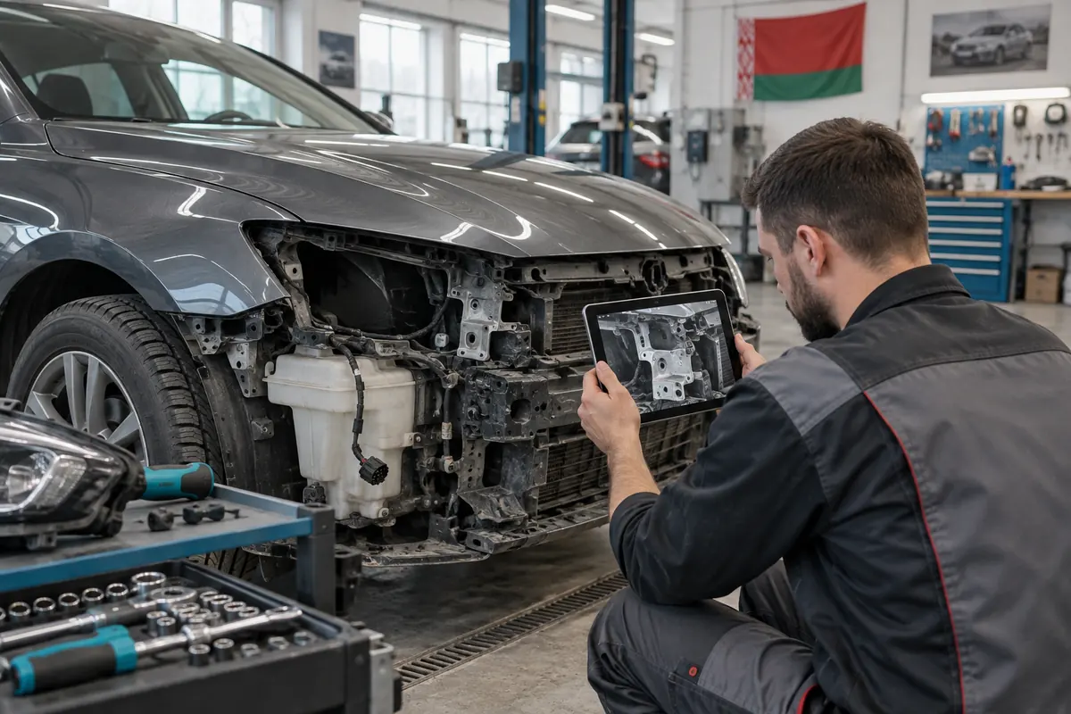 Документирование креплений и проводки автомобиля со снятой фарой