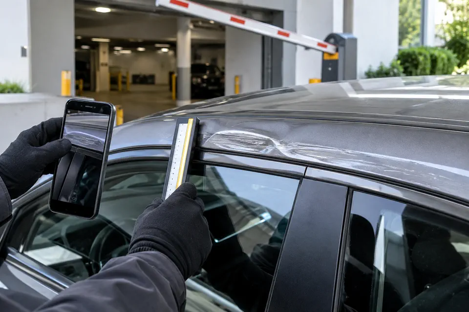 Автомобиль с повреждением крыши и капота рядом с автоматическим шлагбаумом