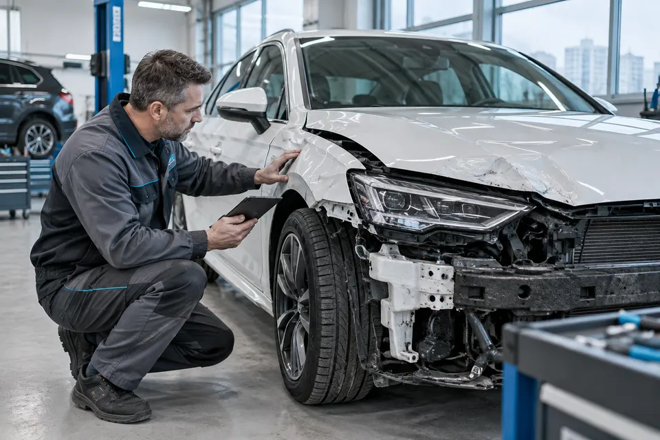 Эксперт осматривает повреждённый автомобиль перед предложением по выкупу